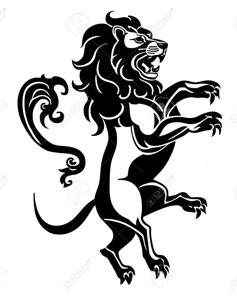 Illustrazione di un leone araldico rampante sulle zampe posteriori, come quelle che si trovano su uno stemma
