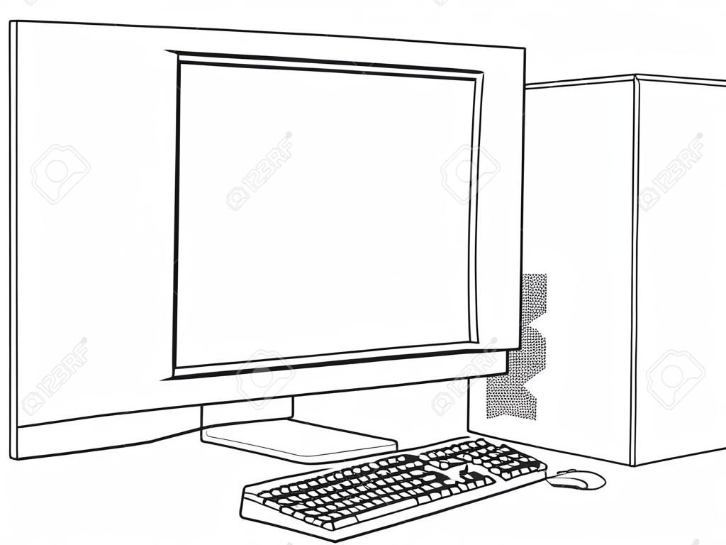 Une illustration en noir et blanc de PC de bureau poste de travail informatique. Moniteur, clavier de la souris et de la tour