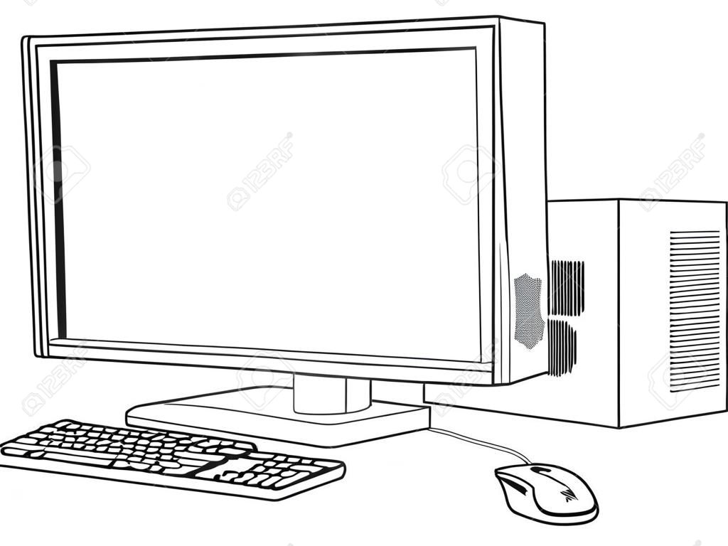 Een zwart-wit illustratie van desktop computer werkstation. Monitor, muis toetsenbord en toren