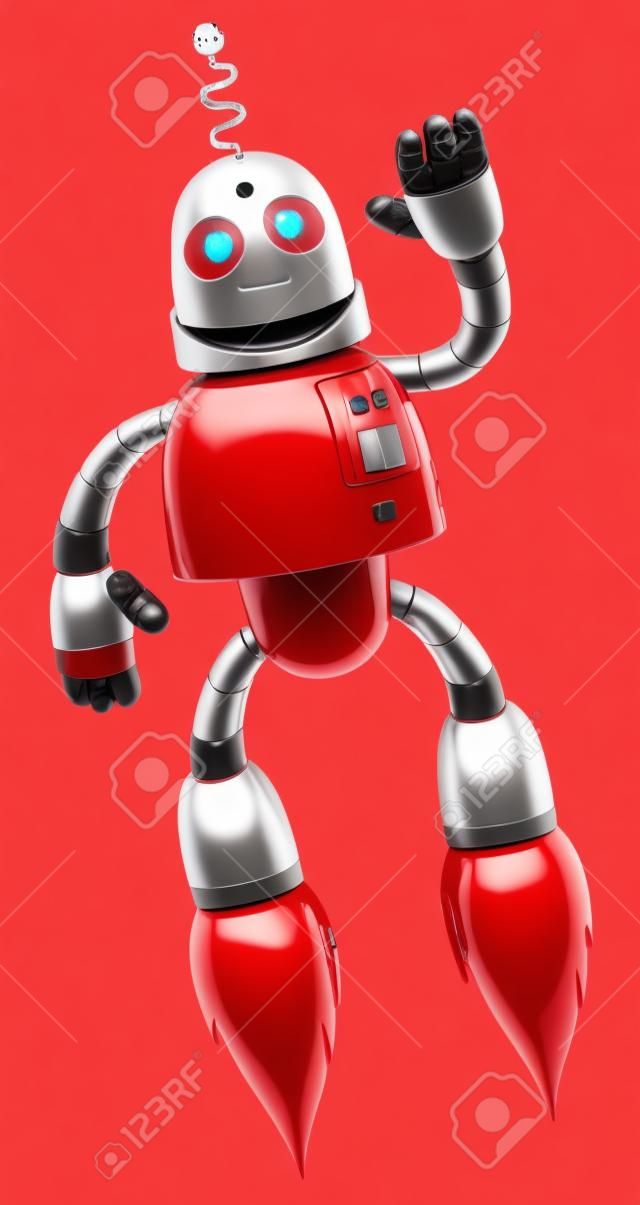 Um homem robô voando vermelho e prata bonito feliz com boosters em seus pés decolando e acenando
