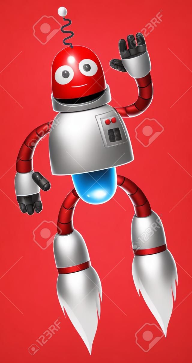 Um homem robô voando vermelho e prata bonito feliz com boosters em seus pés decolando e acenando
