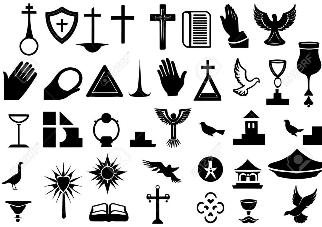 Un conjunto de iconos y símbolos del Cristianismo, como paloma, Chi Ro, manos rezando, biblia, trinidad crismón, cruz, comunión cáliz, arca y más