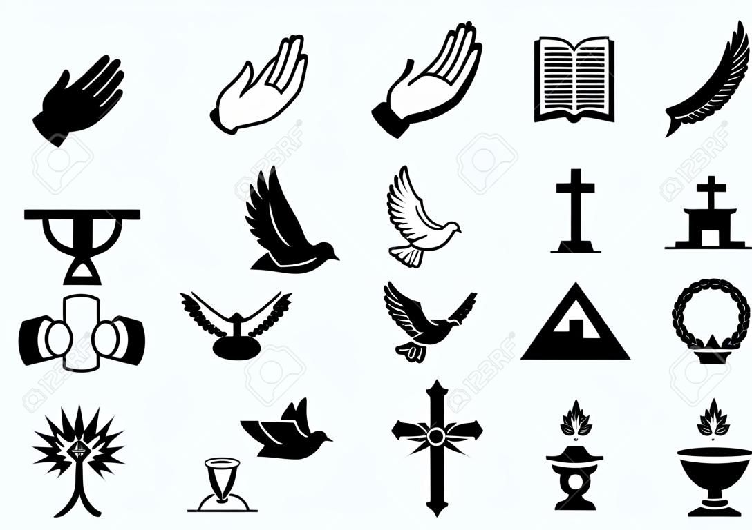 A set of Christianity icons and symbols, including dove, Chi Ro, praying hands, bible, trinity christogram, cross, communion goblet, ark and more