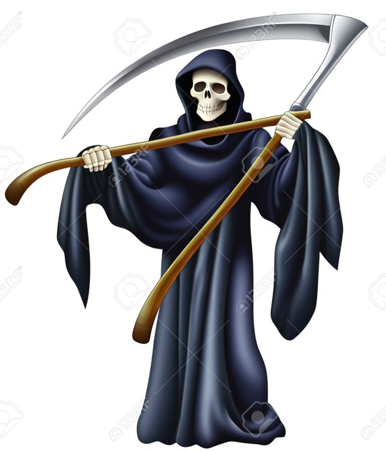 An illustration of a grim reaper death character holding a scythe