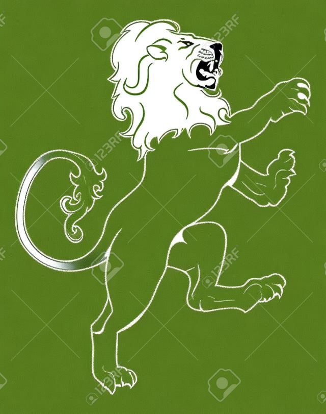 Illustration of a heraldic lion on its hind legs, like those found on a crest emblem or coat of arms on a shield