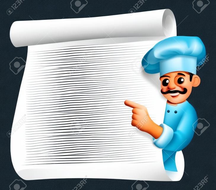 Ilustración de una caricatura de cocina feliz apuntando a menu