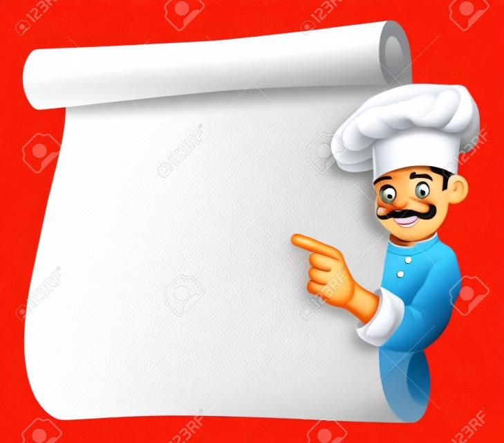 Ilustración de una caricatura de cocina feliz apuntando a menu