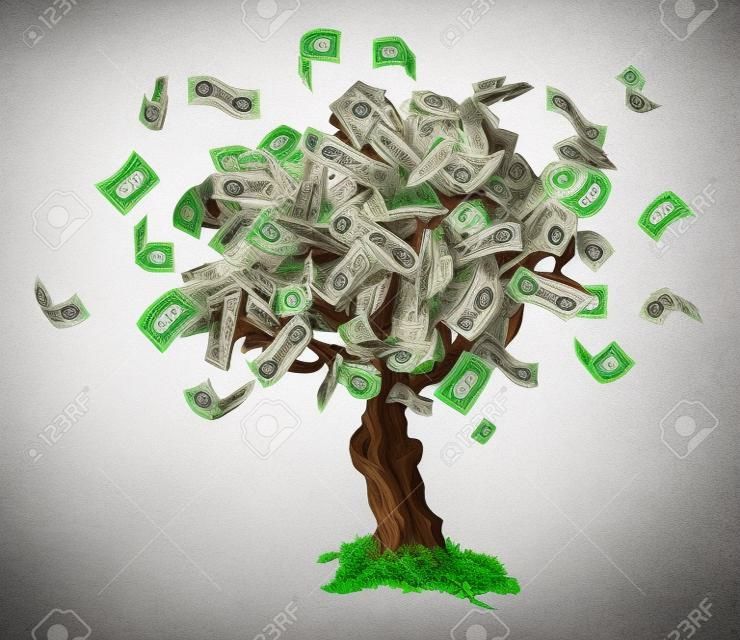 Business or savings concept of a money tree with growing dollar bills or other money.