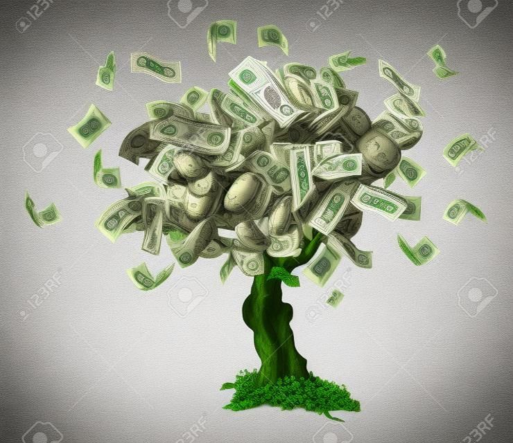 Negocio o concepto de ahorro de un árbol de dinero con billetes de dólar que crecen u otro dinero.