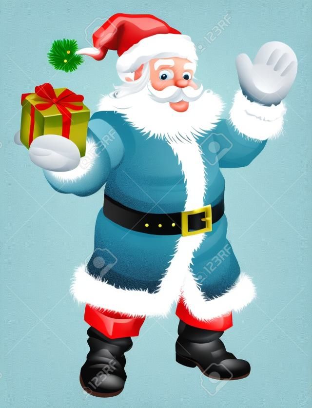 Illustration de dessin animé de Santa Claus en agitant et tenant un cadeau de Noël