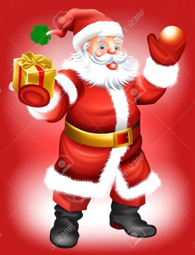 Cartoon illustration of Santa Claus waving and holding a Christmas present