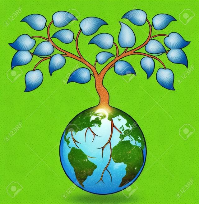Illustration of a tree growing with its roots round the earth or growing out of the earth