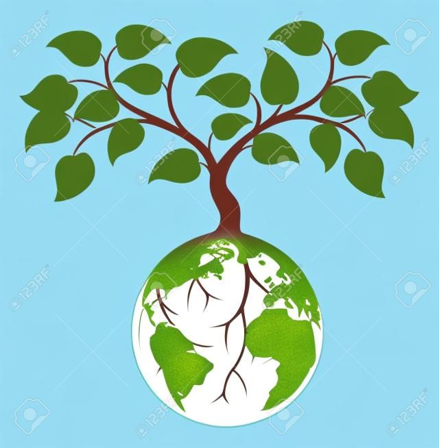 지구 둘레의 뿌리와 성장 또는 지구에서 성장하는 나무의 그림