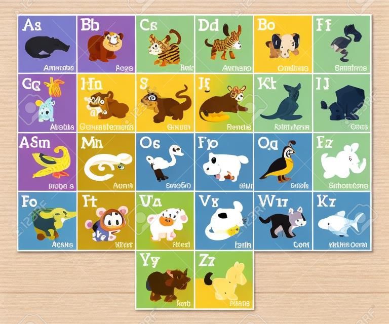 Cartoon animal alphabet learning chart with a cartoon animal illustration for each letter and upper and lowercase letters and animal names