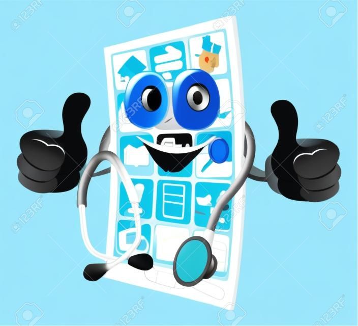 Ilustración de dibujos animados de un médico teléfono hombre sosteniendo un estetoscopio