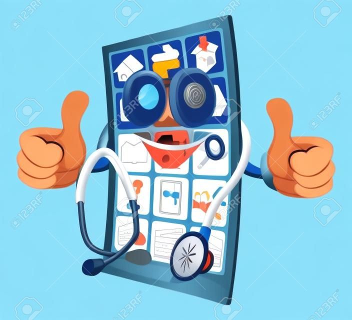 Cartoon illustration of a phone doctor man holding a stethoscope