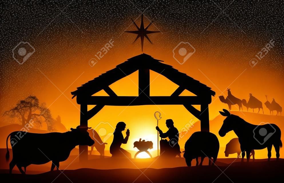 Kerstmis Christelijke kerststal met baby Jezus in de kribbe in silhouet, drie wijzen of koningen, boerderijdieren en ster van Bethlehem