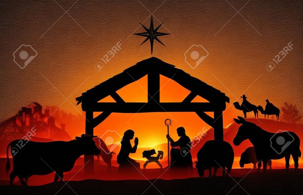 赤ちゃんイエスの飼い葉おけでシルエット、3 つの賢明な男性または王、農場の動物とベツレヘムの星とのクリスマス クリスチャン キリスト降誕のシーン