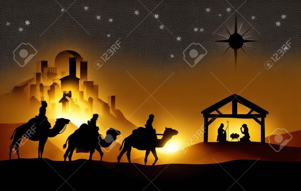 Kerstmis Christelijke kerststal met baby Jezus in de kribbe in silhouet, drie wijzen of koningen en ster van Bethlehem met de stad Bethlehem in de verte