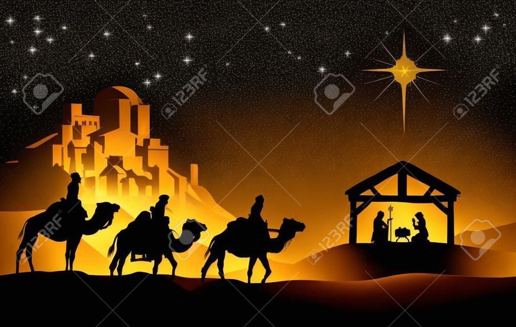 실루엣 구유에있는 아기 예수와 기독교 크리스마스 출생 장면, 거리에있는 베들레헴의 도시와 세 현명한 남자 나 왕과 베들레헴의 별