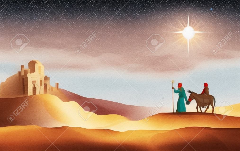 Uma ilustração de Maria e José na sobremesa com um burro na véspera de Natal à procura de um lugar para ficar. Cidade de Belém no fundo. Ilustração da história da natividade.