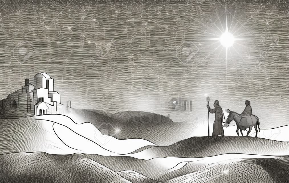 Un esempio di Maria e Giuseppe nel dessert con un asino alla vigilia di Natale alla ricerca di un posto dove stare. Città di Betlemme in background. Natività storia illustrazione.