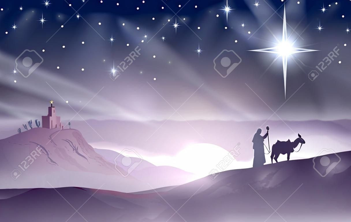 Een illustratie van Maria en Jozef in het dessert met een ezel op kerstavond op zoek naar een plek om te verblijven. Bethlehem stad op de achtergrond. Kerstverhaal illustratie.