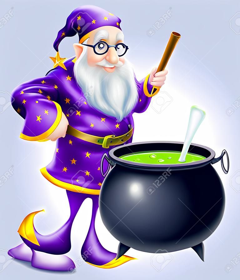 一個友好的老巫師角色攪拌一個大黑大鍋