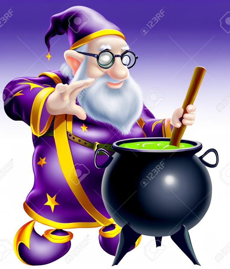 一個友好的老巫師角色攪拌一個大黑大鍋