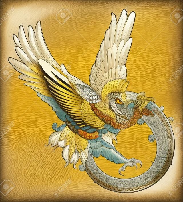 傳說中的鳳凰鳥的原始插圖或在動態木版風格的雄鷹