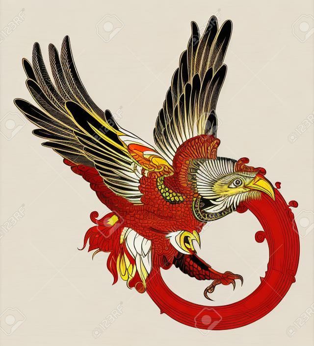 Oryginalny ilustracji legendarnego phoenix ptaka lub orła w dynamicznym stylu drzeworytu