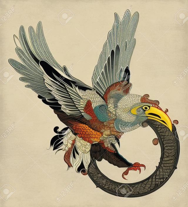 Un ejemplo original de la legendaria ave fénix o un águila en un estilo dinámico en madera