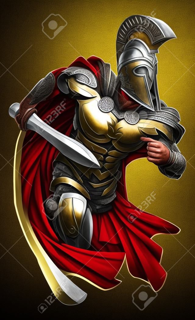 Una ilustración de un guerrero personaje o mascota de los deportes en un casco de estilo troyano o espartano que sostiene una espada