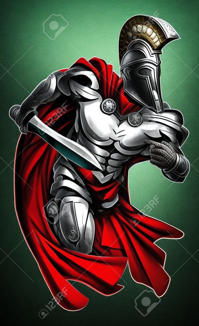 Un esempio di un personaggio guerriero o sportivo mascotte in un casco stile trojan o spartana possesso di una spada