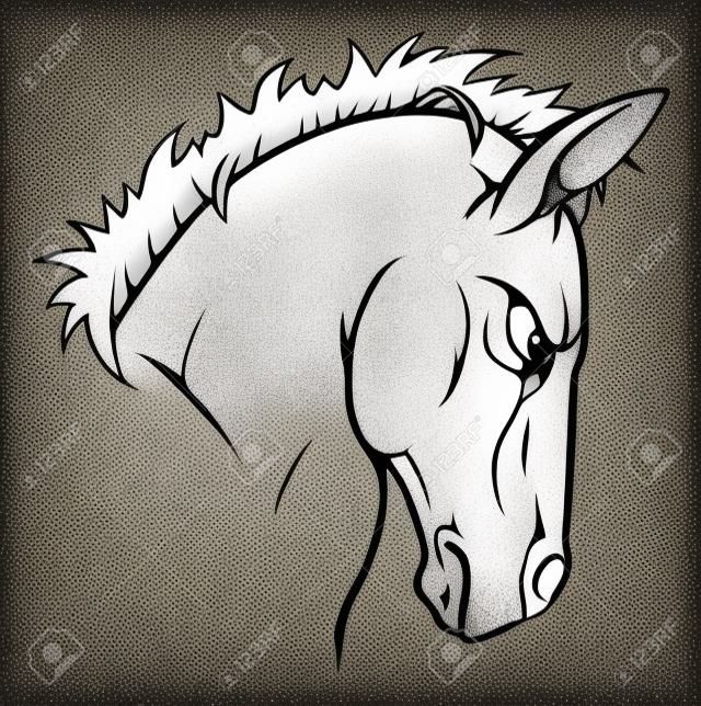 A black and white illustration of a fierce horse animal character or sports mascot