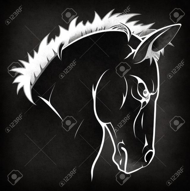 Ein Schwarz-Weiß-Darstellung von einem heftigen Pferdetiercharakter oder Sport-Maskottchen