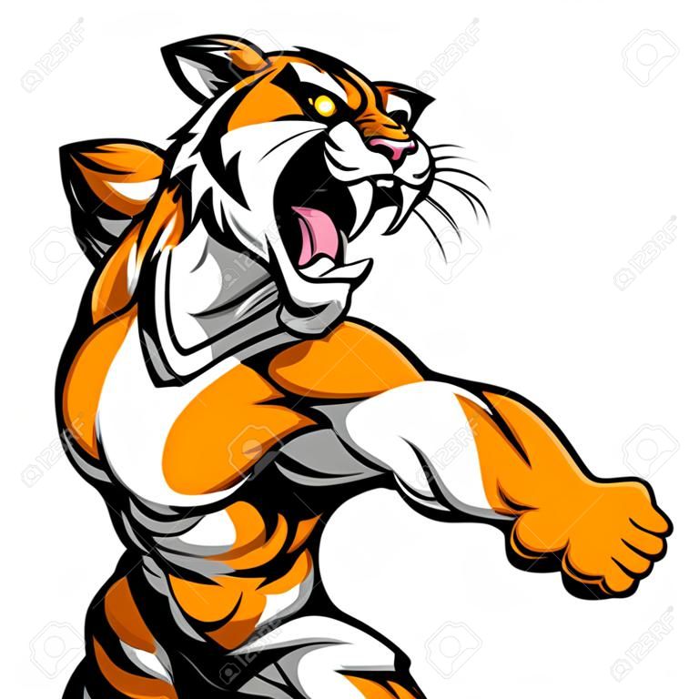 A mean looking tiger sports mascot fighting and punching with fist