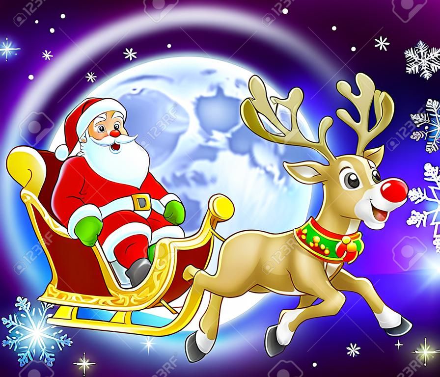 Ilustración de dibujos animados de Navidad de Papá Noel en su trineo volador o trineo delante de una gran luna llena