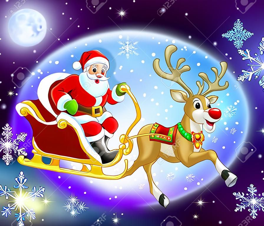 큰 보름달의 앞에 그의 썰매 또는 썰매 비행에서 산타 클로스의 크리스마스 만화 그림