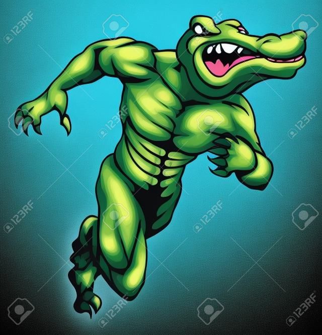An illustration of a scary alligator or crocodile mascot running or charging