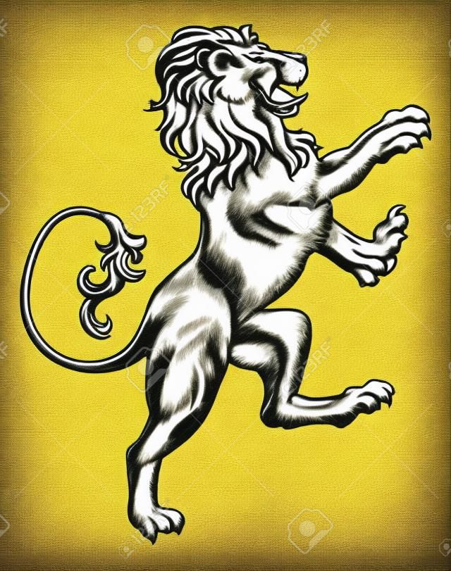 Uma ilustração original de um leão galopante heráldico em um estilo de xilogravura vintage