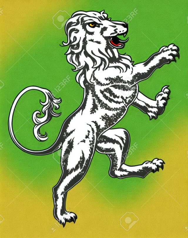 Uma ilustração original de um leão galopante heráldico em um estilo de xilogravura vintage