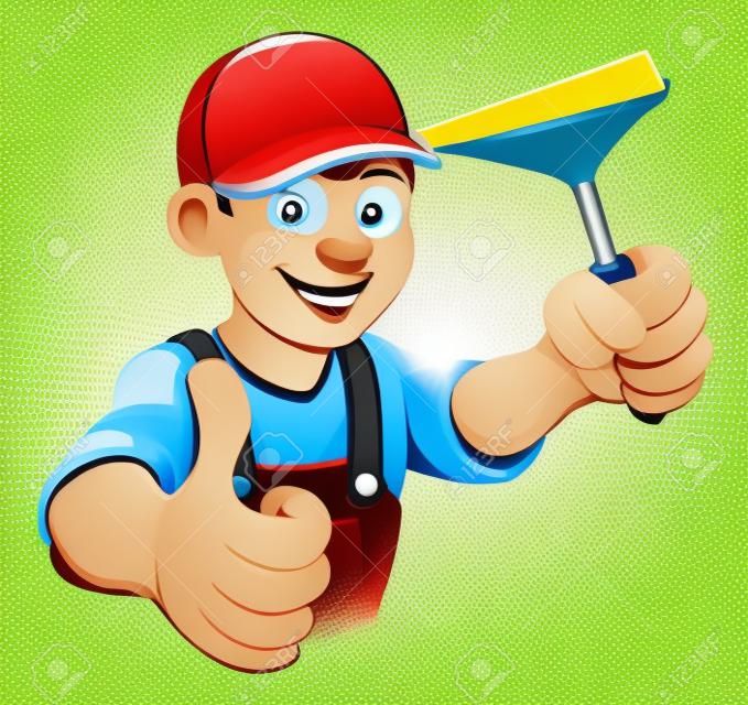 An illustration of a happy cartoon Window Cleaner with a squeegee giving a thumbs up