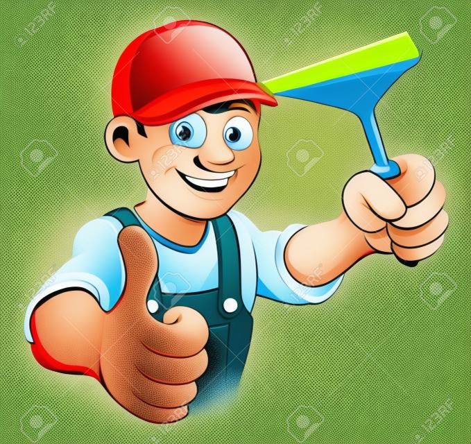 An illustration of a happy cartoon Window Cleaner with a squeegee giving a thumbs up