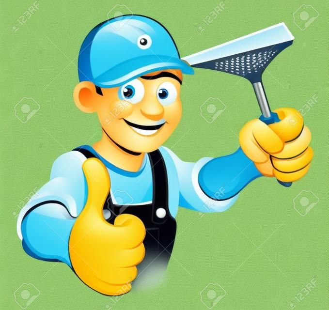 Uma ilustração de um limpador de janela feliz dos desenhos animados com um squeegee que dá um polegar para cima