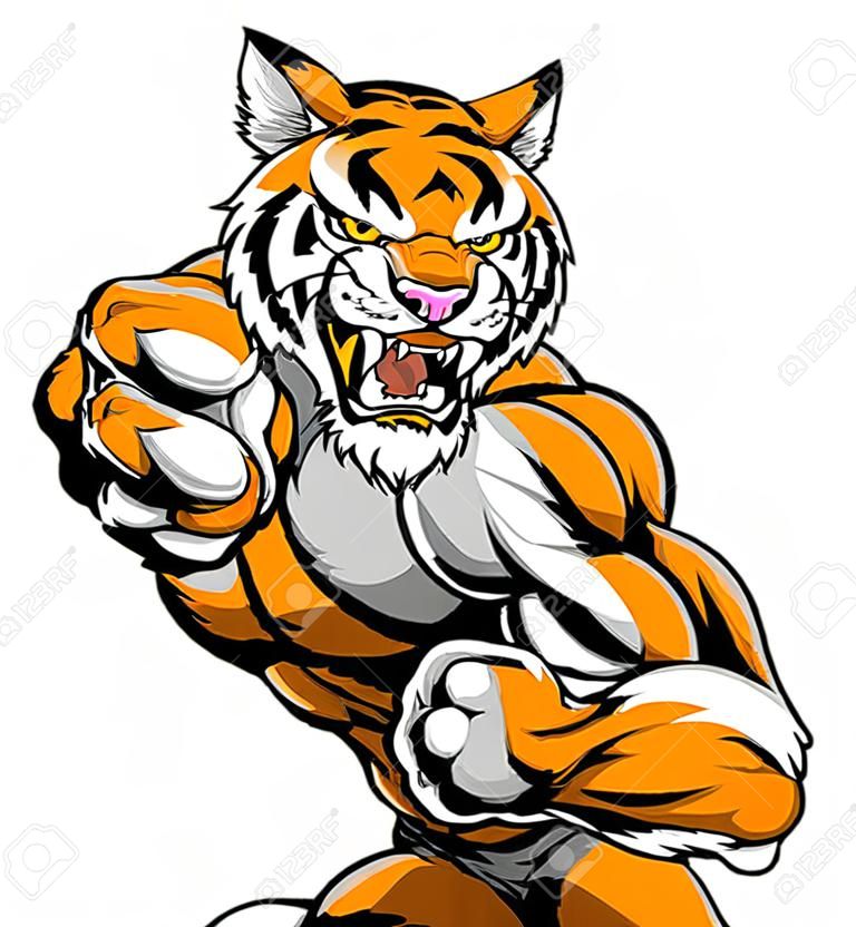 Une robuste musculaire mascotte sportive de caractère de tigre attaque avec un coup de poing