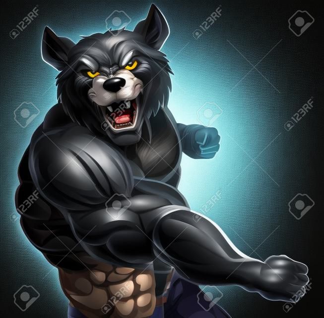 Stoere gemiddelde gespierde wolf karakter of sport mascotte in een gevecht boksen met vuist