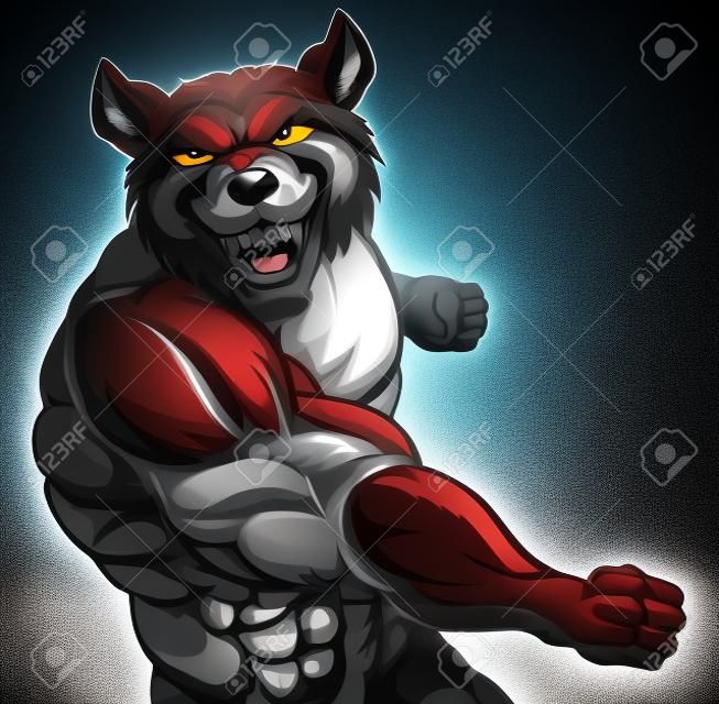 Жесткая средняя мышечная характер волк или спортивный талисман в борьбе штамповки с кулак