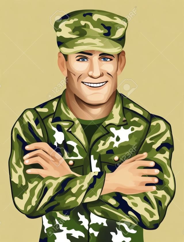 Иллюстрации счастливого улыбающегося солдата в камуфляжной форме с скрестив руки на груди