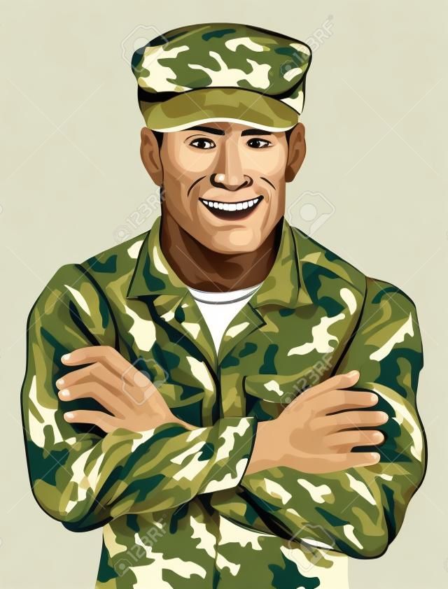 An illustration of a happy smiling soldier in camouflage uniform with his arms folded